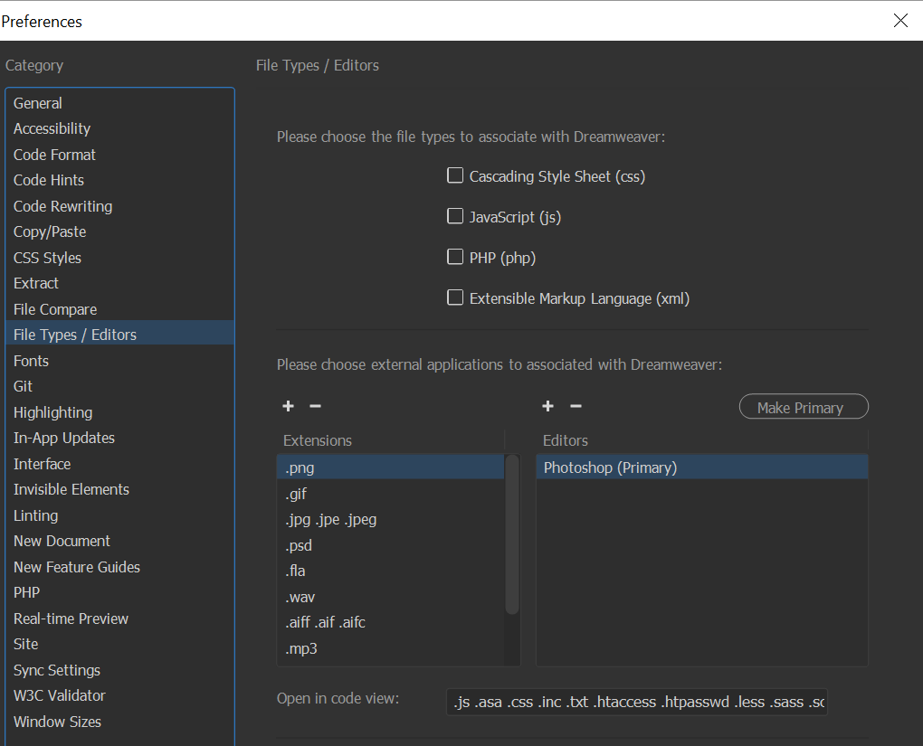 تعيين محرر خارجي لأنواع ملفات محددة