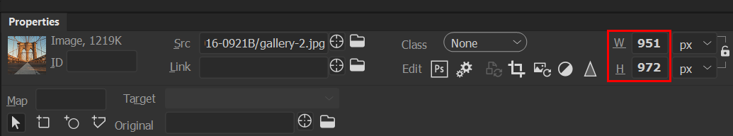 اضبط عرض أحد العناصر وارتفاعه باستخدام عارض الخصائص. 