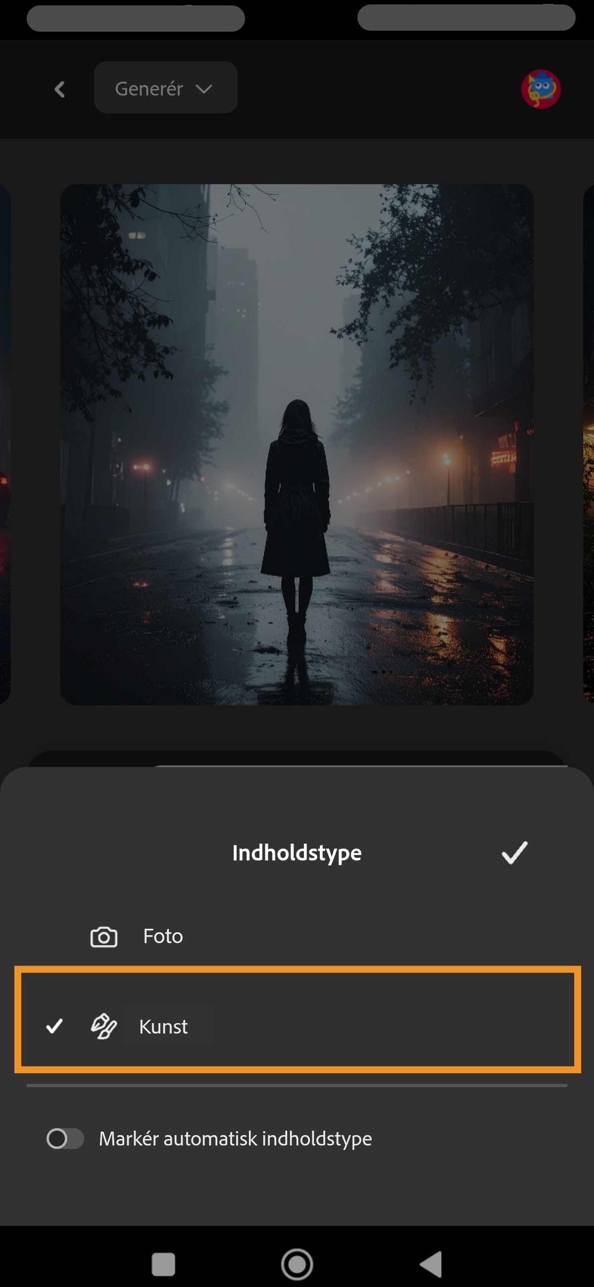 Sektionen Indholdstype åbnes, og indstillingerne Foto, Kunst og Vælg automatisk indholdstype vises. 