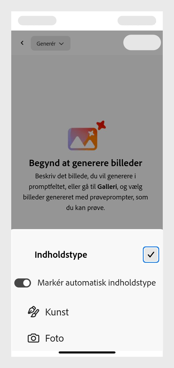 Sektionen Indholdstype åbnes, og indstillingerne Foto, Kunst og Vælg automatisk indholdstype vises. 