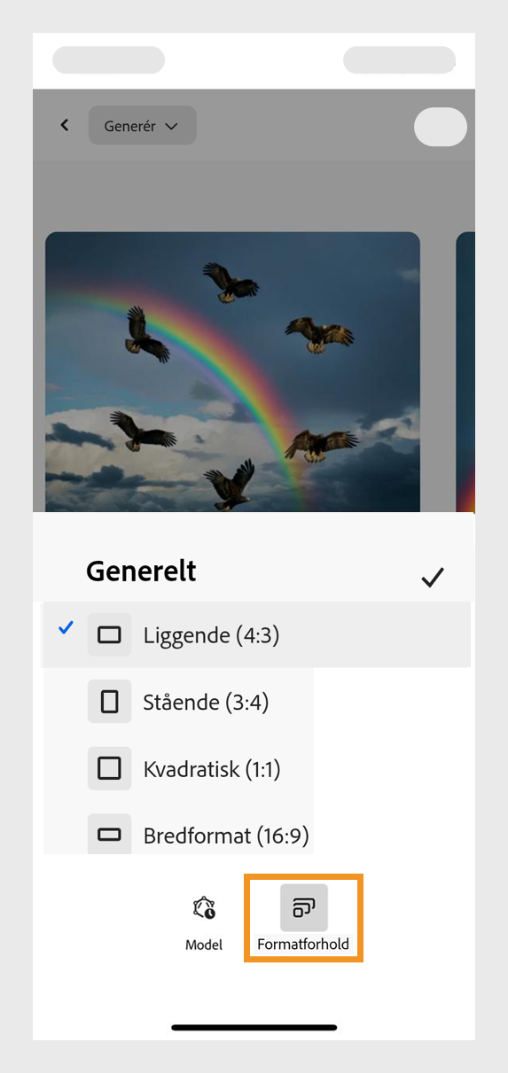  Rullemenuen Formatforhold åbnes og præsenterer flere valgmuligheder. Indstillingen Liggende er aktuelt valgt for at lave billedvariationer, der er ideelle til brug som f.eks. webstedsbannere.