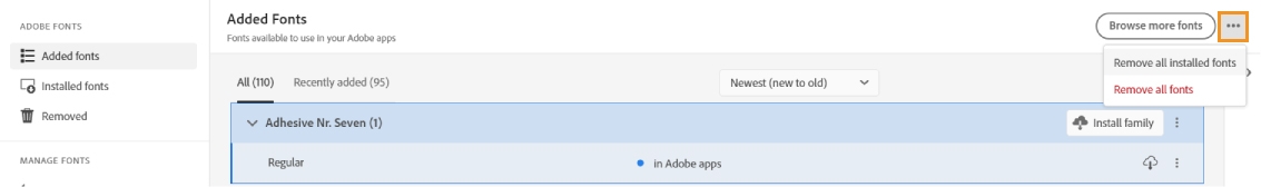 Der vises to muligheder for massefjernelse – Fjern alle installerede skrifttyper og Fjern alle skrifttyper.