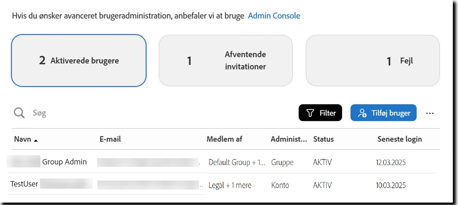 Siden Brugere, der viser visningen Aktive brugere