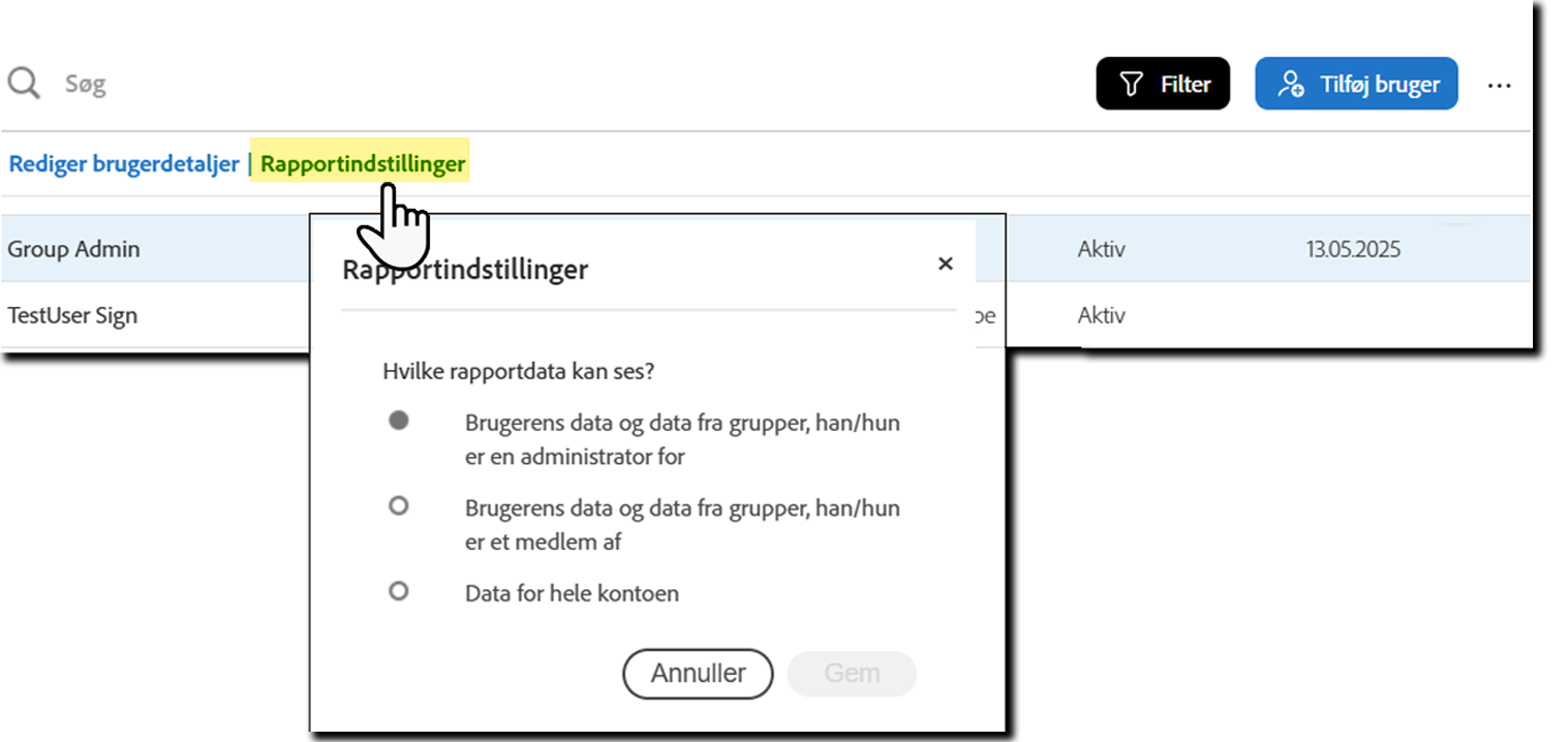 De udvidede brugerhandlinger med rapportindstillinger fremhævet.