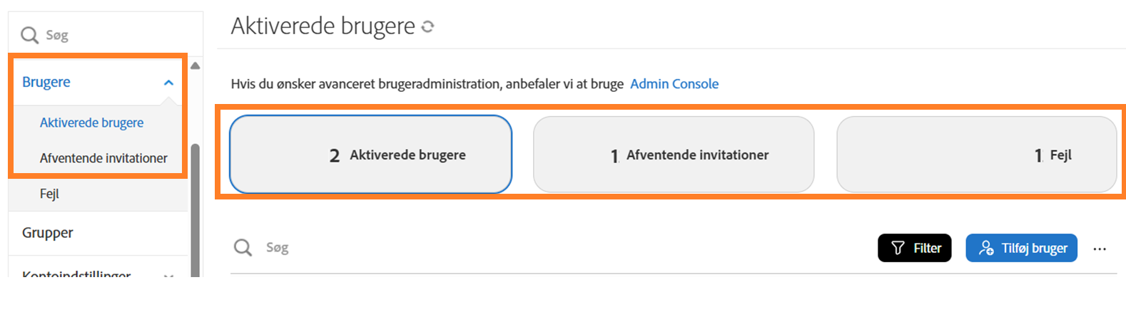 Siden Brugere, der fremhæver de tre knapper til at skifte visninger