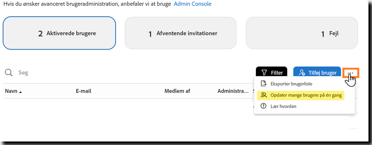 Siden Brugere med indstillingen &quot;Opdater flere brugere på én gang&quot; fremhævet