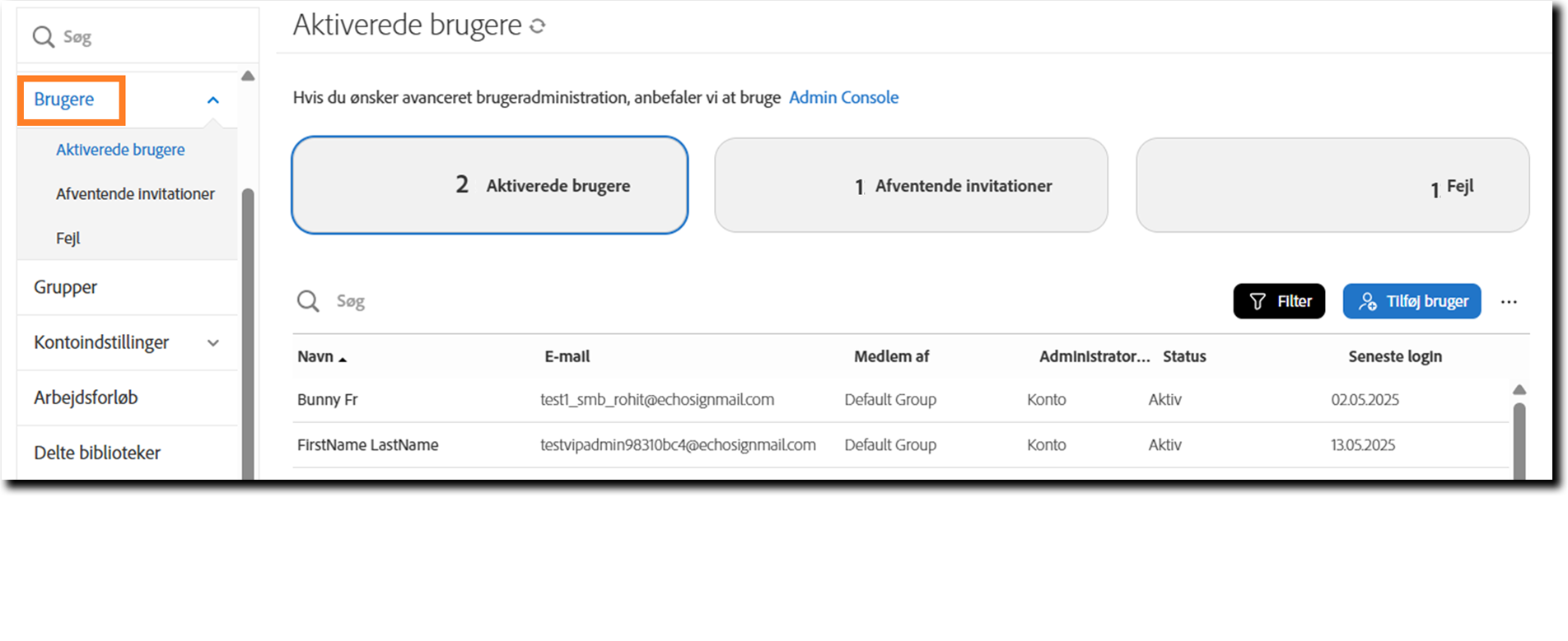 Siden Brugere, der viser visningen Aktive brugere