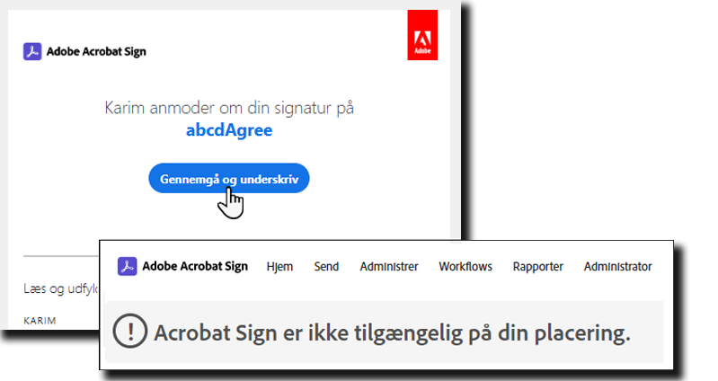 En mailnotifikation til at gennemgå og underskrive en aftale med fejlbeskeden for den blokerede geografiske placering, der er pålagt den.