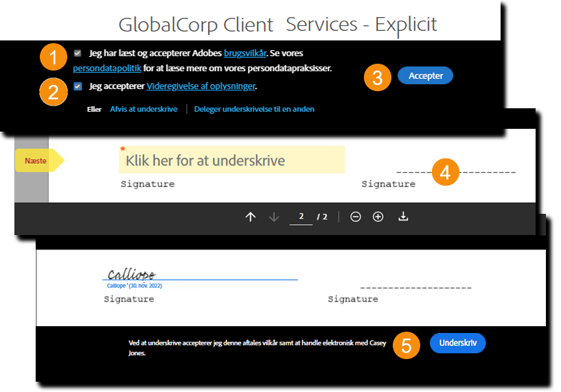 Eksplicit samtykke før visning trin for at acceptere brugsvilkår og videregivelse af kundeoplysninger