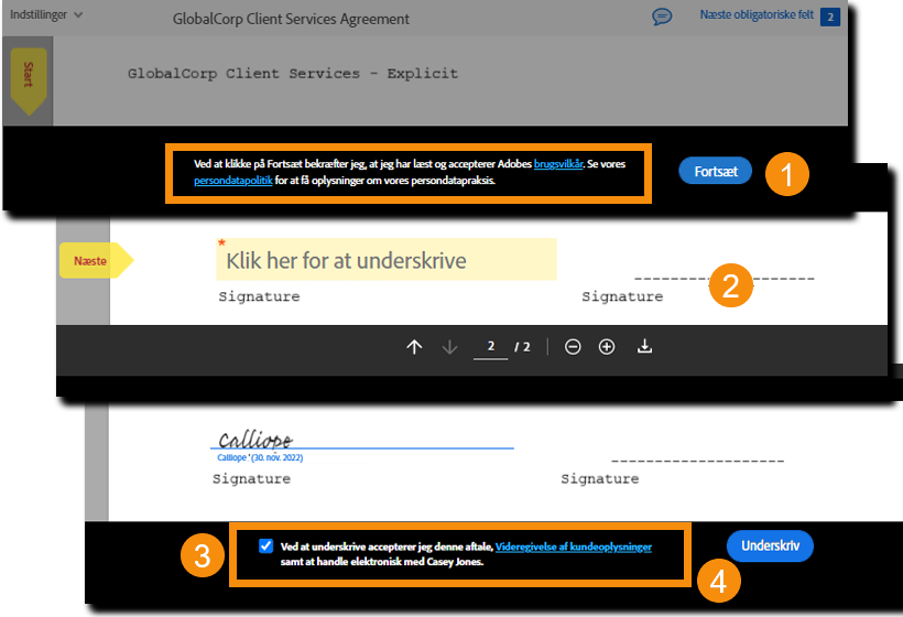 Udtrykkeligt samtykke ved underskrivelsestrin for at acceptere brugsvilkår og videregivelse af oplysninger
