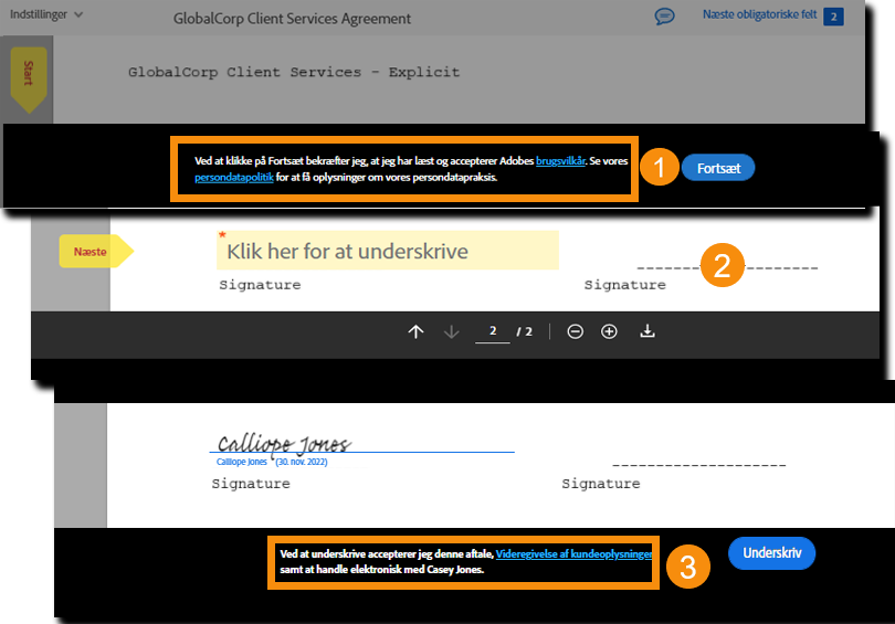 Samtykke til brugsvilkår og videregivelse af oplysninger ved underskrivelse