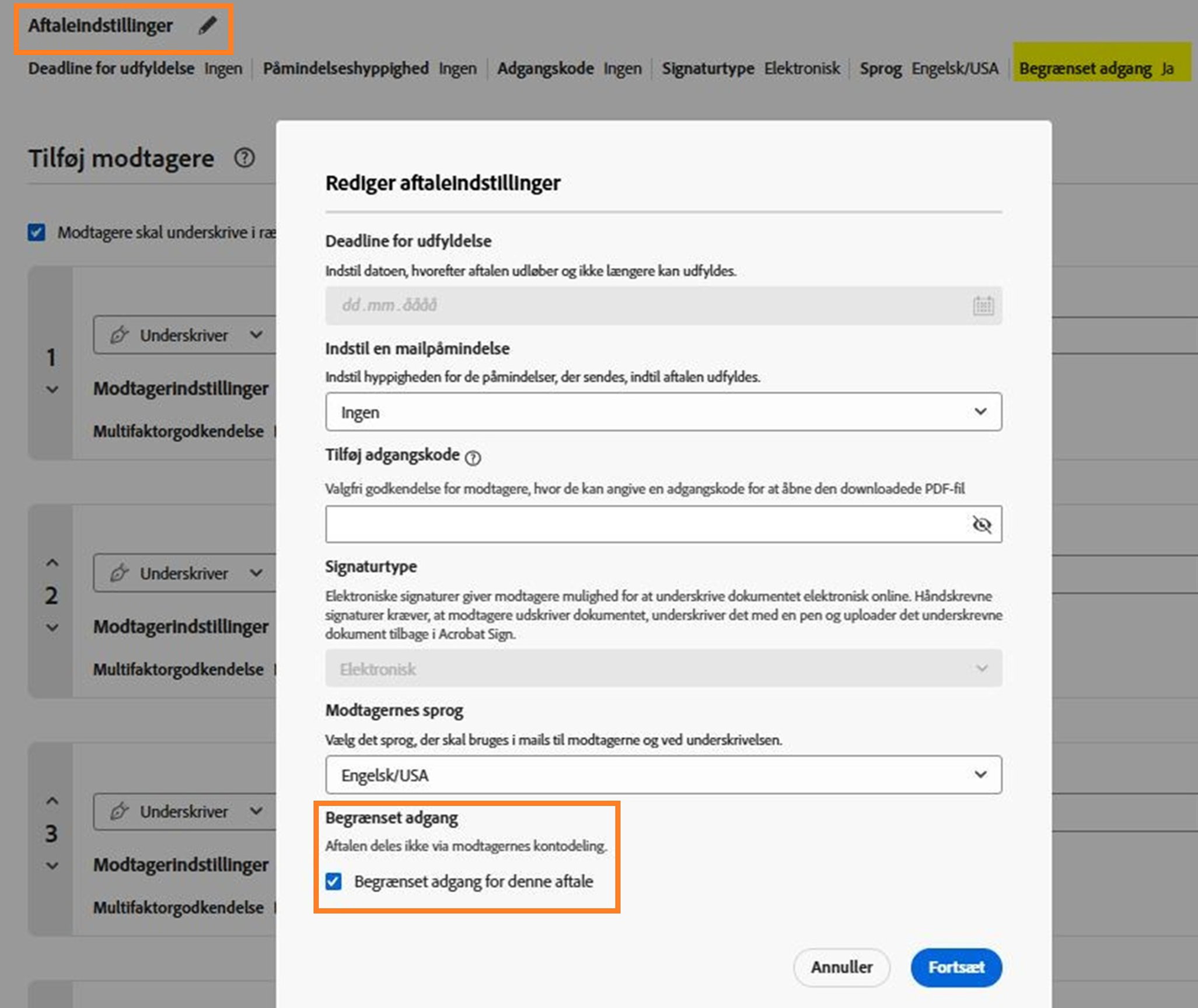 Afsenderens visning af aftaleindstillingerne med indstillingen for at aktivere eller deaktivere reglerne for Begrænset aftale fremhævet.