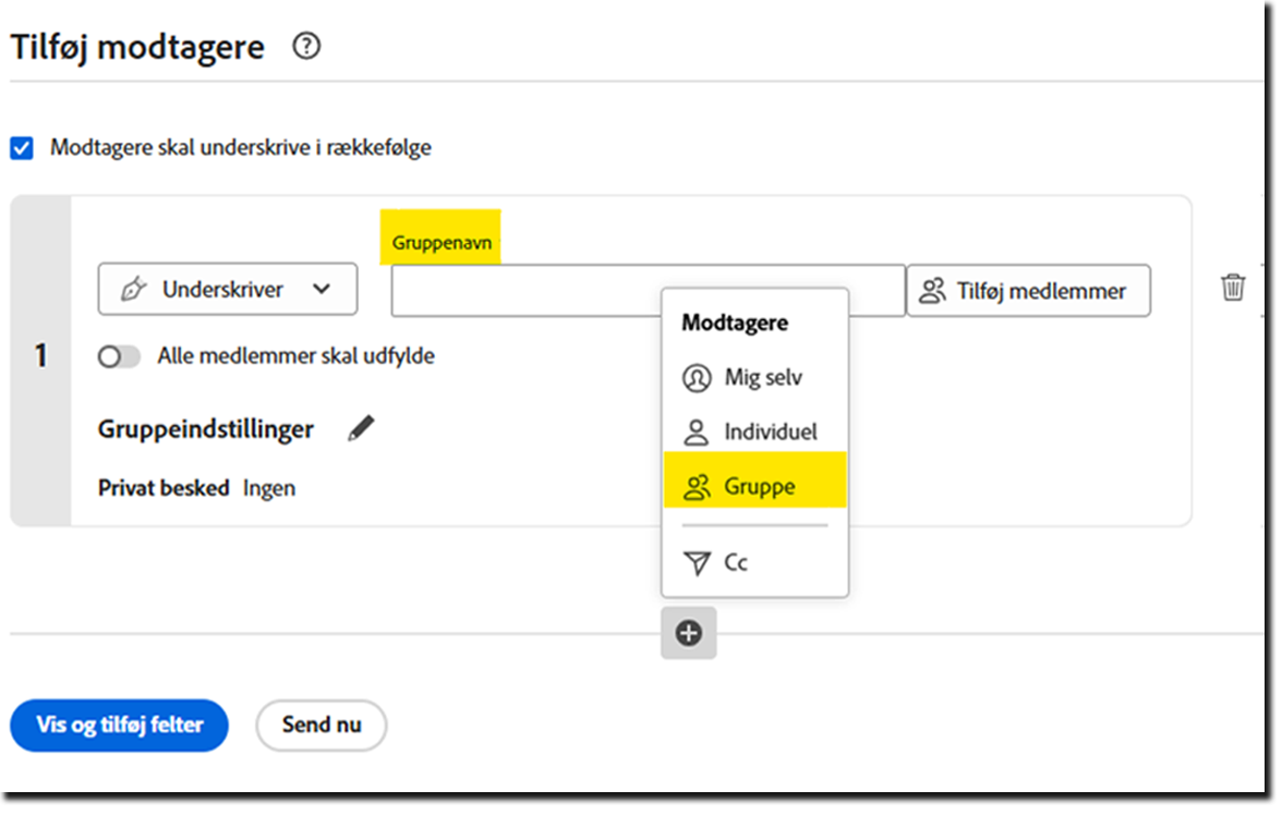 Send-siden, der fremhæver linket Tilføj modtagergrupper og viser ad hoc-inputfelter til modtagergrupper