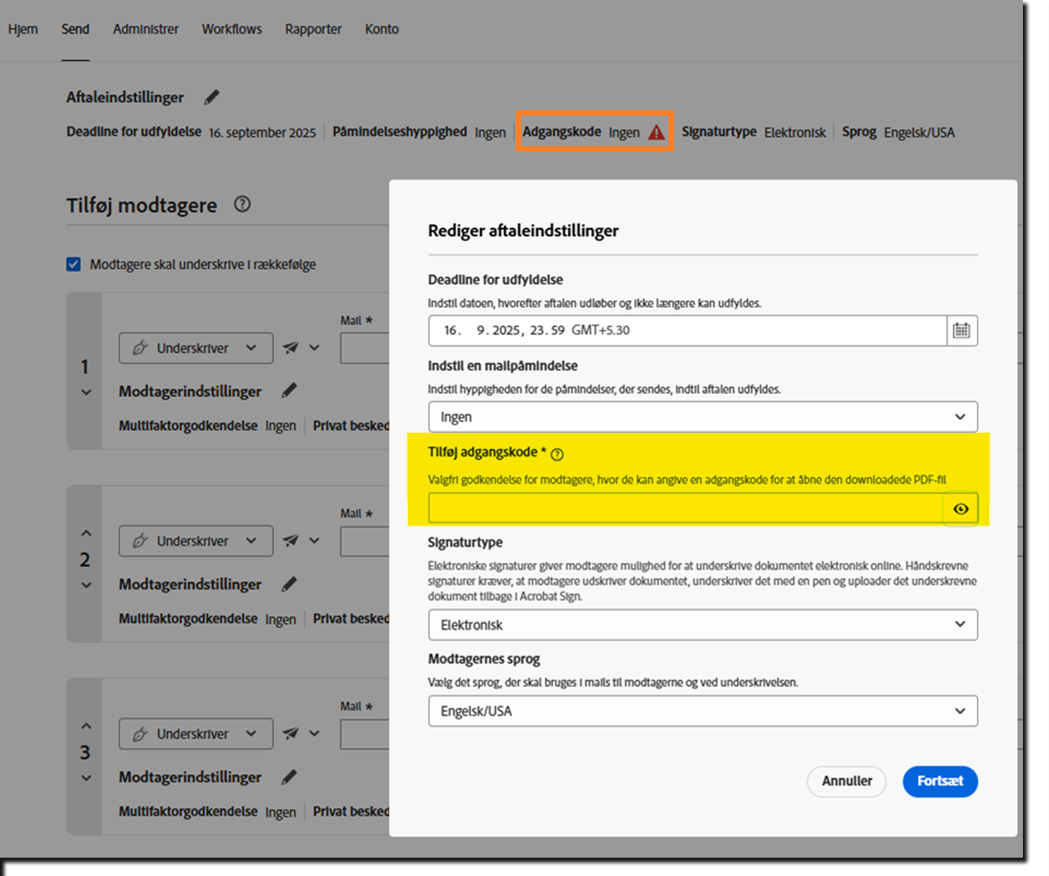 Sektionen Aftaleindstillinger i aftalen med konfigurationsadvarslen Tilføj adgangskode fremhævet.