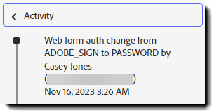 Aktivitetslogfilen, der viser opdateringen til godkendelsesmetoden.