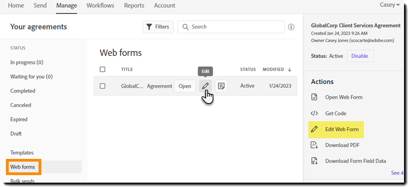 Åbn en kladde til en webformular