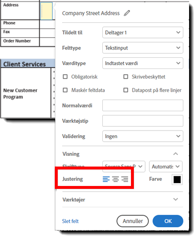 Egenskaber for tekstfelters skriftjustering