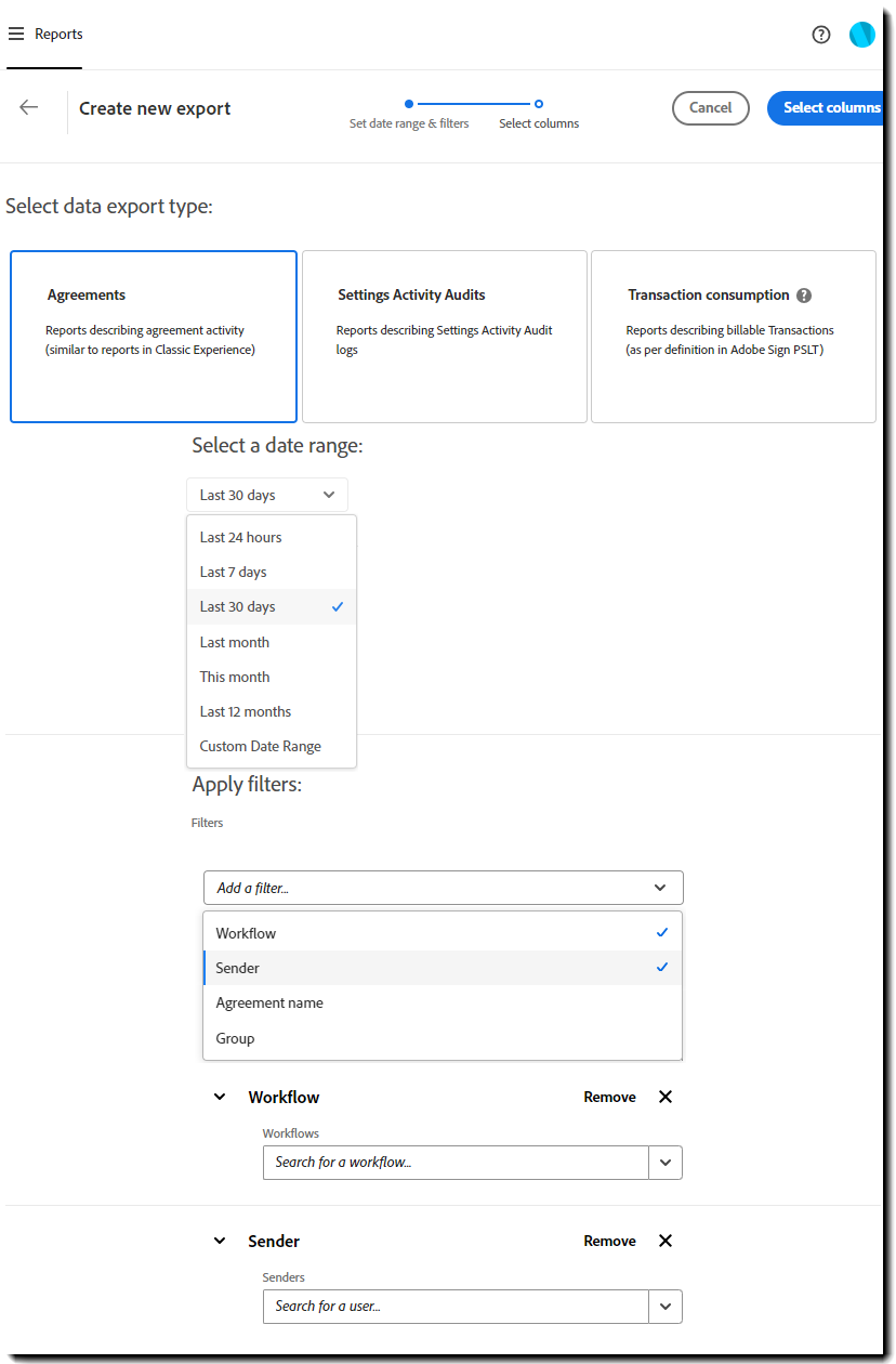 En dataeksportkonfiguration, der viser den dato og de arbejdsstrømsfiltre, der er udvidet