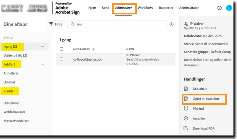 Siden Administrer med aftalen markeret og listen Handlinger vist med handlingen Opret en skabelon fremhævet.