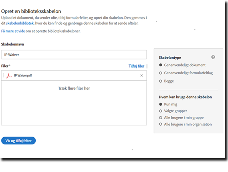 Siden &quot;Opret en biblioteksskabelon&quot; viser alle indstillingerne for at konfigurere skabelonegenskaberne.