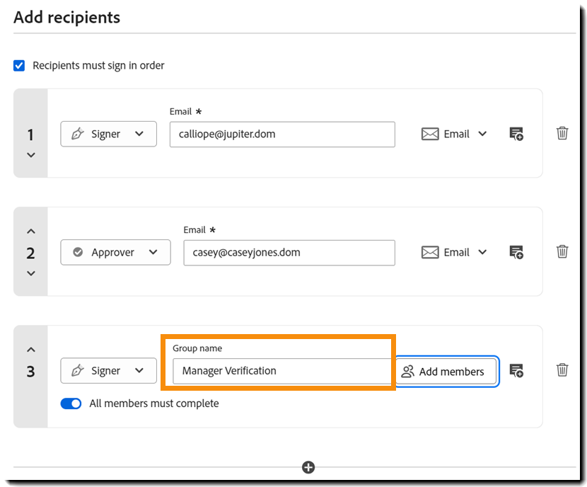 Sektionen &quot;Tilføj modtager&quot; under Anmod om signaturer, der fremhæver en gruppemodtager med gruppenavnet fremhævet.