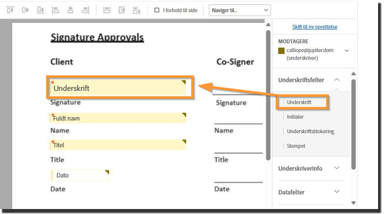 Oprettelsesmiljøet, der fremhæver signaturfelterne