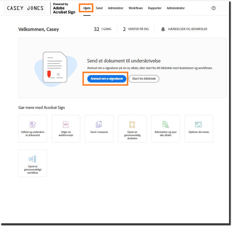 Hjem-side – anmod om signaturer