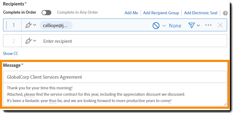 siden Send med feltet Besked fremhævet