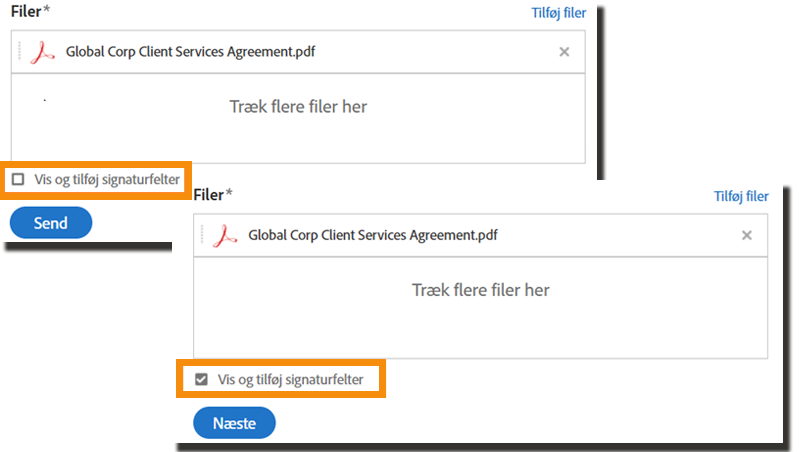 Nederst på siden Send, der fremhæver indstillingen &quot;Forhåndsvis og tilføj signaturfelter&quot;