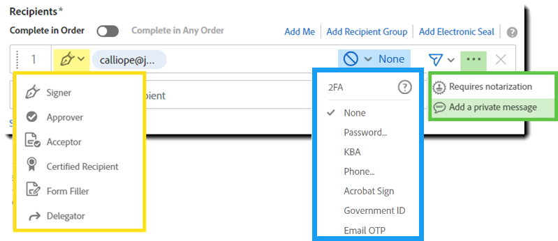 Siden Send med modtagerpostelementer fremhævet