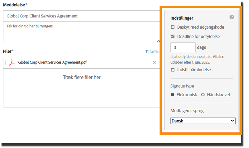 Siden Send, der fremhæver afsendelsesindstillingerne