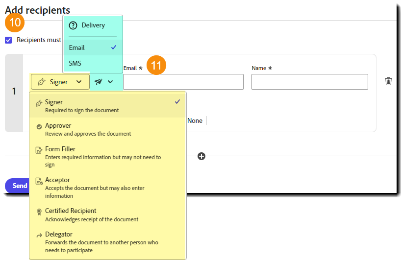 Sektionen Tilføj modtagere med alle rullelister udvidet