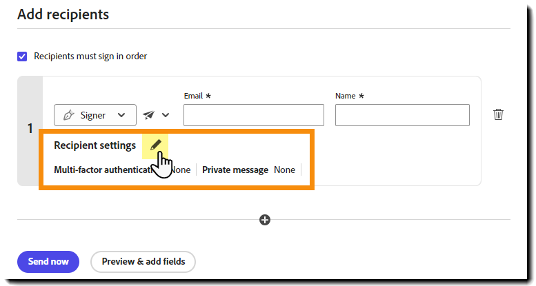 Afsnittet &quot;Tilføj modtagere&quot; med muligheden &quot;Modtagerindstillinger&quot; fremhævet