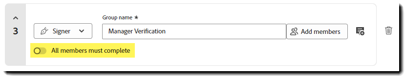 Afsnittet &quot;Tilføj modtager&quot; under Anmod om signaturer, der fremhæver en gruppemodtager med &quot;Alle medlemmer skal fuldføre til/fra&quot; fremhævet.