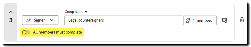 Afsnittet &quot;Tilføj modtager&quot; under Anmod om signaturer, der fremhæver en gruppemodtager med &quot;Alle medlemmer skal fuldføre til/fra&quot; fremhævet.