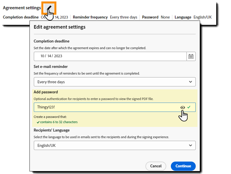Panelet Aftaleindstillinger med feltet for adgangskode fremhævet