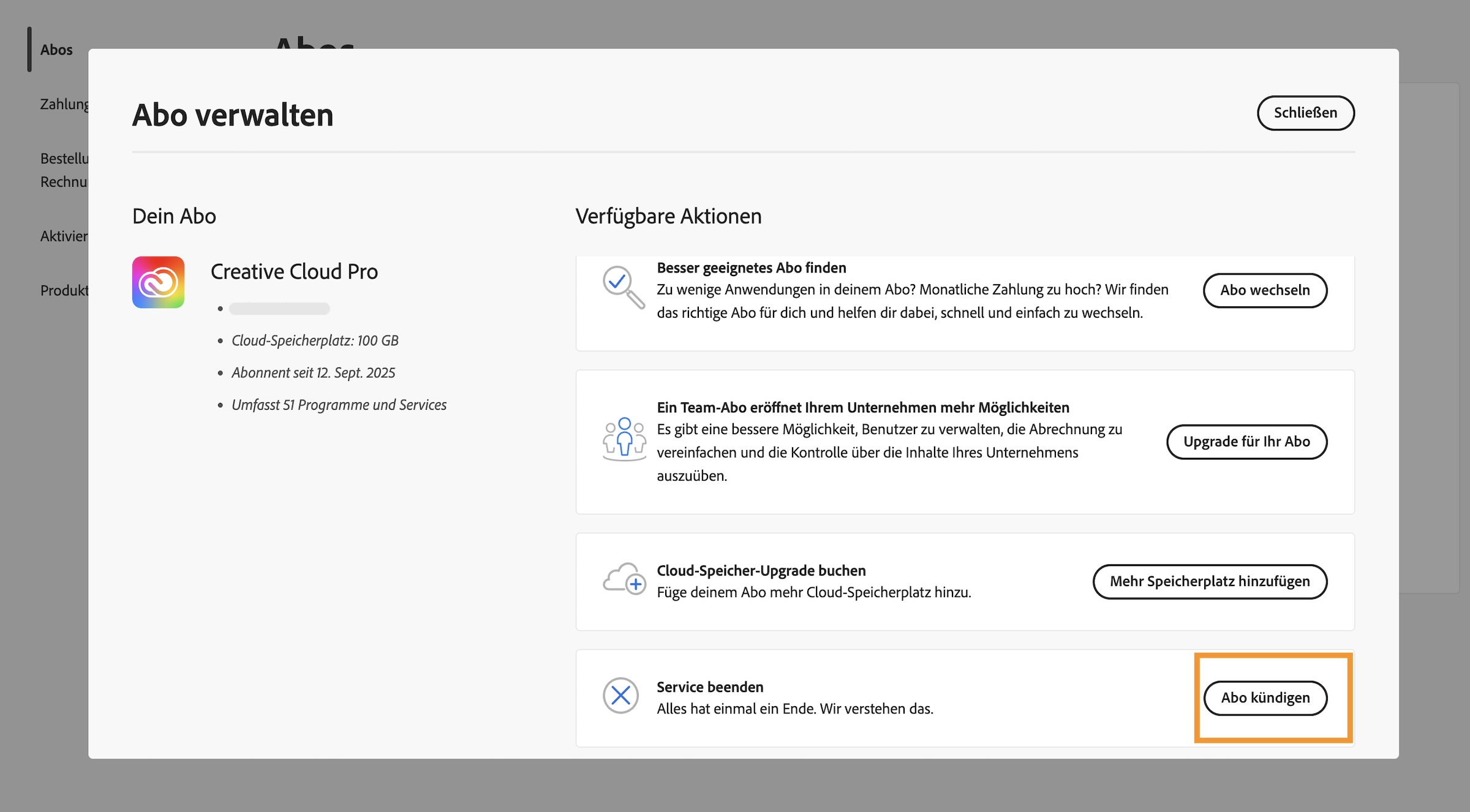 Das Fenster „Abo verwalten“ mit der im Bereich „Service beenden“ unter „Verfügbare Aktionen“ hervorgehobenen Schaltfläche „Abo kündigen“.