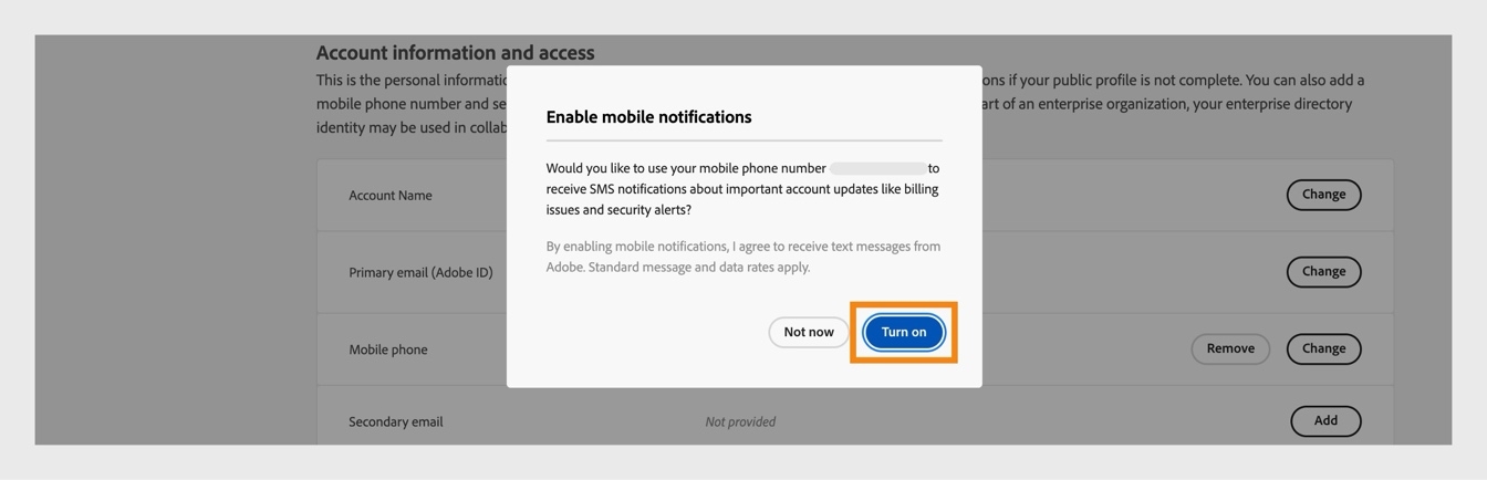 Mit der Schaltfläche „Aktivieren“, die im Dialogfeld „Benachrichtigungen an dein Mobiltelefon aktivieren“ verfügbar ist, kannst du Benachrichtigungen auf deinem Mobiltelefon erhalten. 