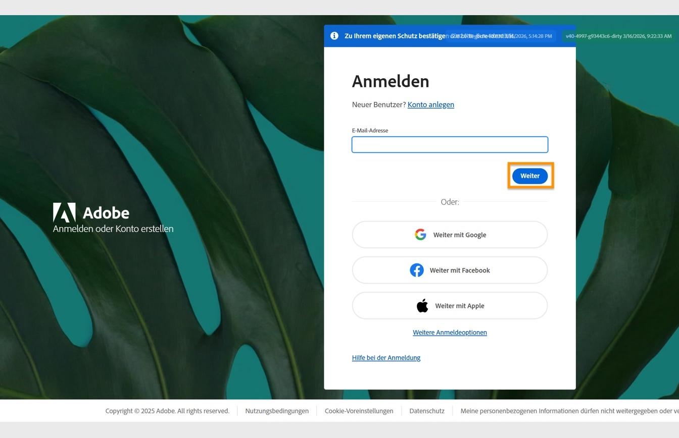 Auf der Adobe-Anmeldeseite wird das Feld zur Eingabe der E-Mail-Adresse angezeigt und die Schaltfläche „Weiter“ ist hervorgehoben. 