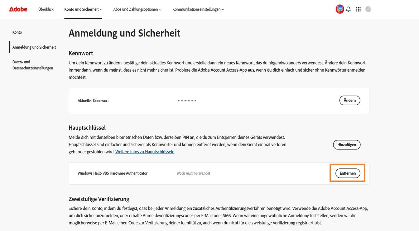 Mit der Schaltfläche „Entfernen“, der im Bereich „Schlüssel“ rechts neben den Details deines gespeicherten Schlüssels verfügbar ist, kannst du einen gespeicherten Schlüssel aus deinem Konto entfernen.