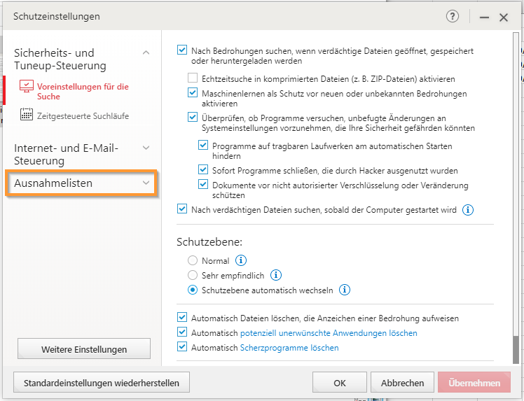 Zur Ausnahmeliste hinzufügen