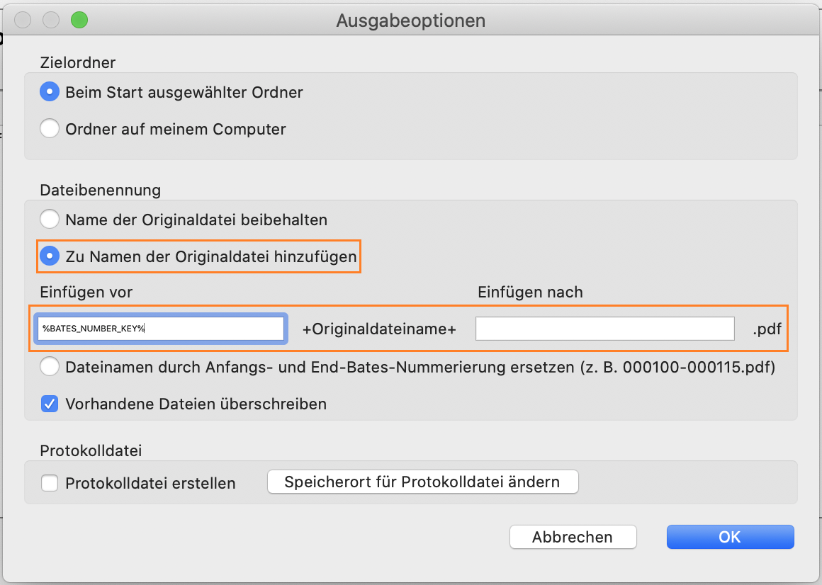 Die Bates-Nummer zu Dateinamen hinzufügen