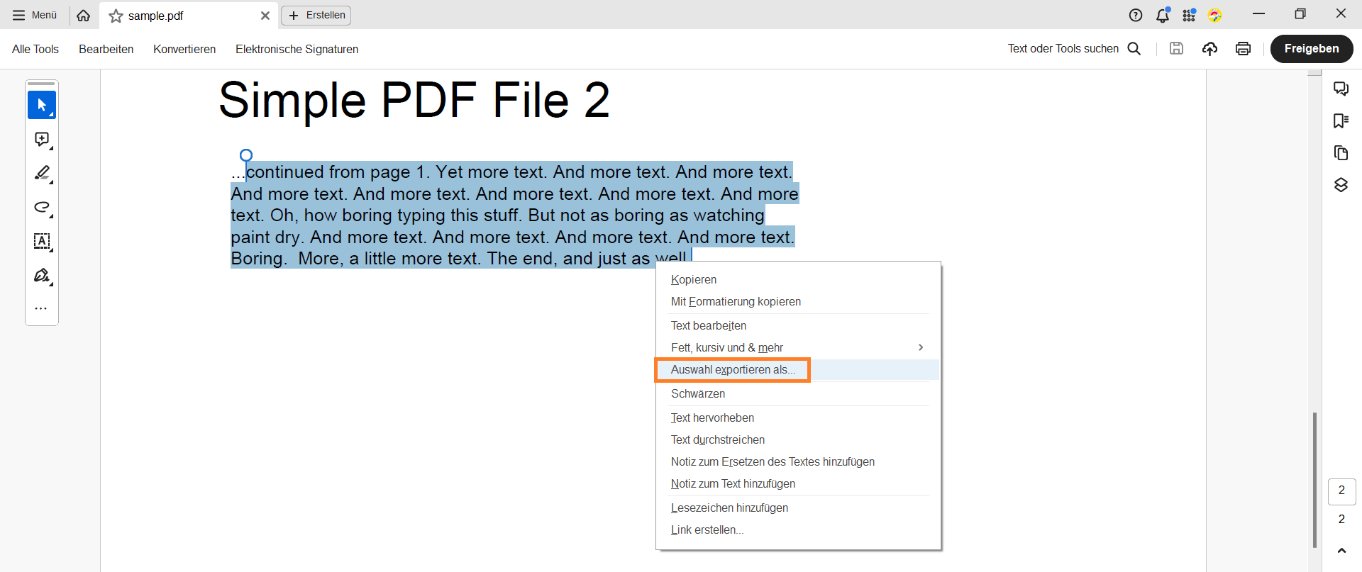 Wähle einen bestimmten Text aus und wähle dann „Auswahl exportieren als“ aus.