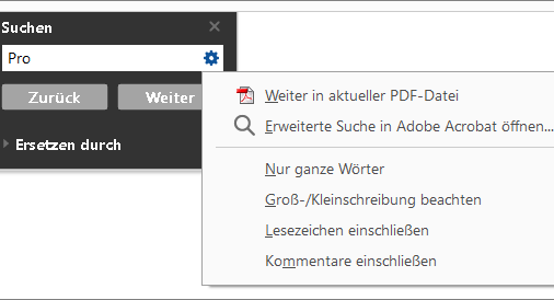Werkzeugleiste „Suchen“ in Acrobat