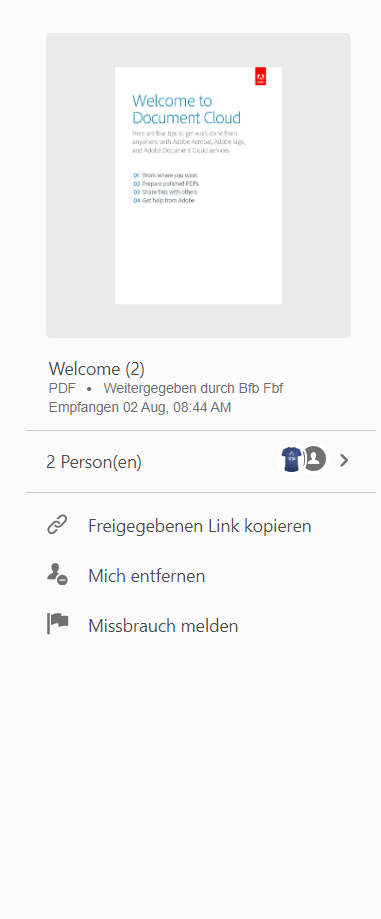Aktionen für zum Anzeigen empfangene Dateien