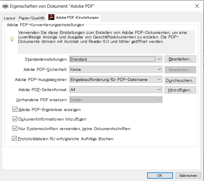 Adobe PDF-Drucker Druckeinstellungen