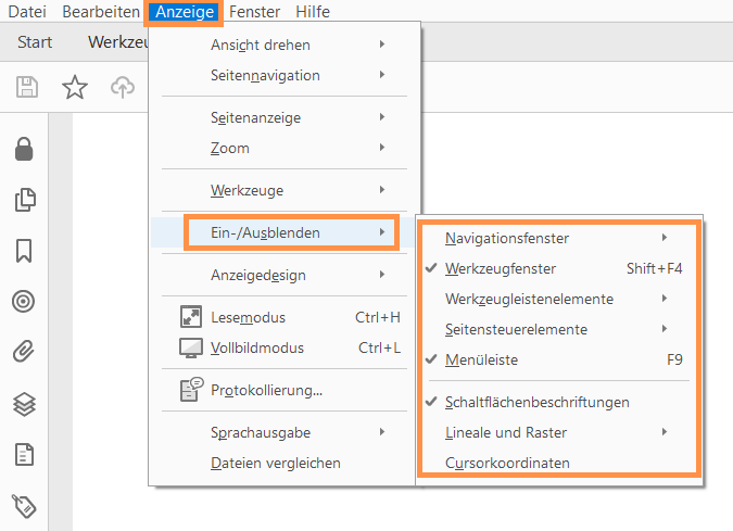 Ein- oder Ausblenden von Menüelementen