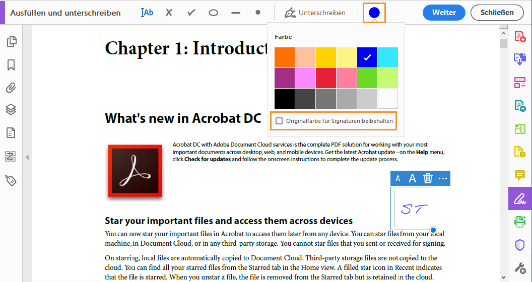 Farbanpassung im Werkzeug „Ausfüllen und signieren“