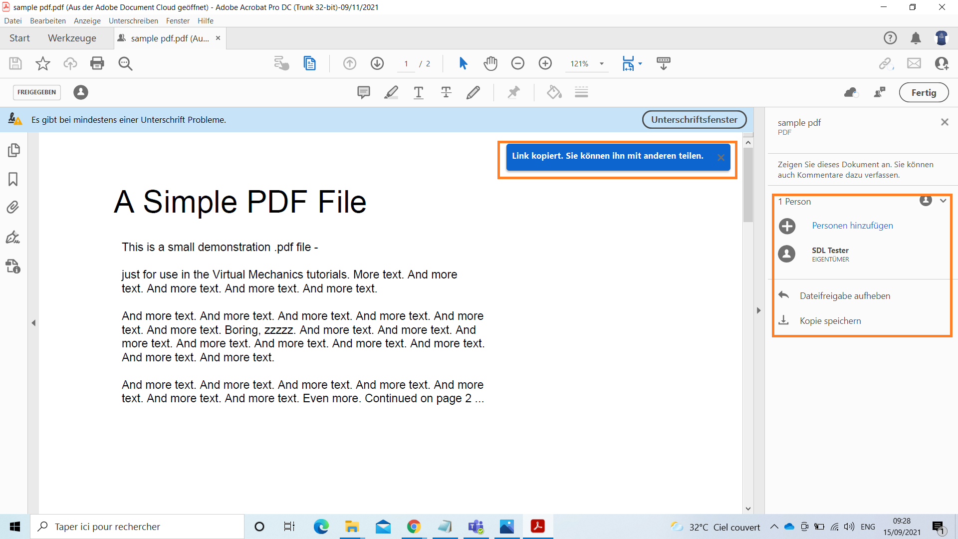 Den erstellten Link mit anderen Empfängern teilen