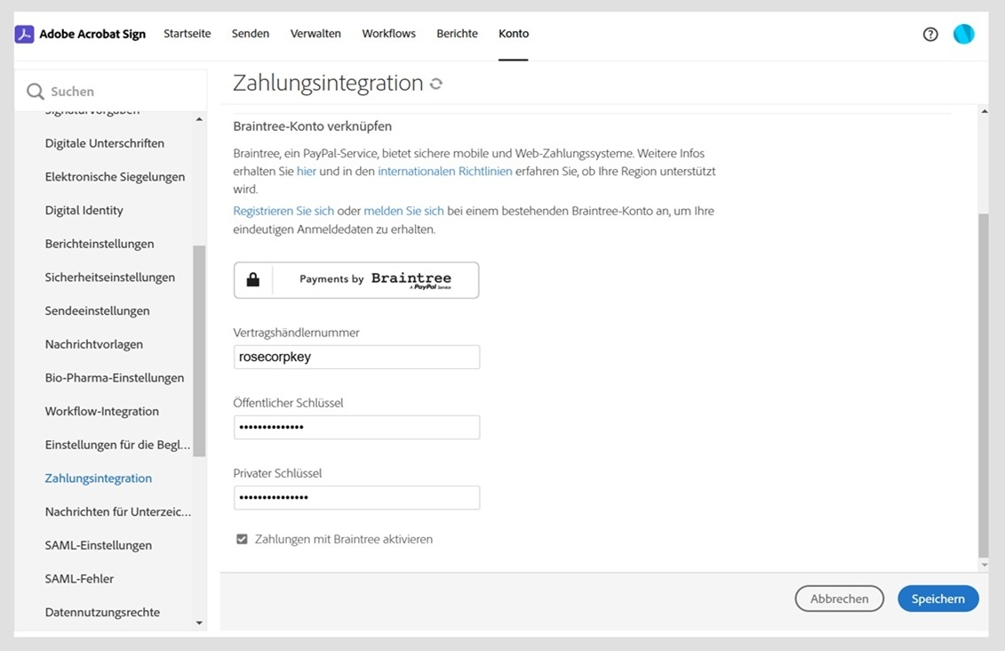 Die Seite „Zahlungsintegration“ der Acrobat Sign-Kontoeinstellungen wird angezeigt. Du musst die Händlerinformationen eingeben und speichern, um den Online-Zahlungseinzug zu aktivieren.